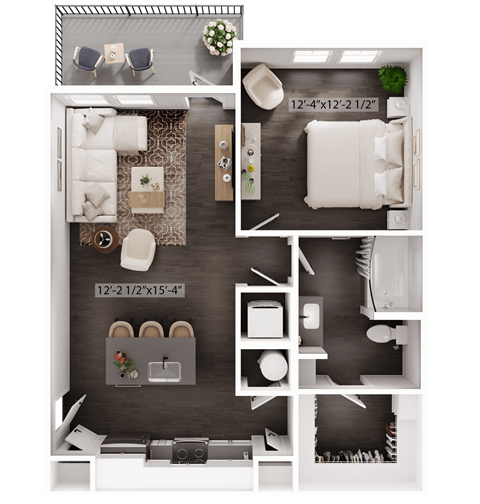 Floor plan for 1 bed, 1 bath, 723 sqft